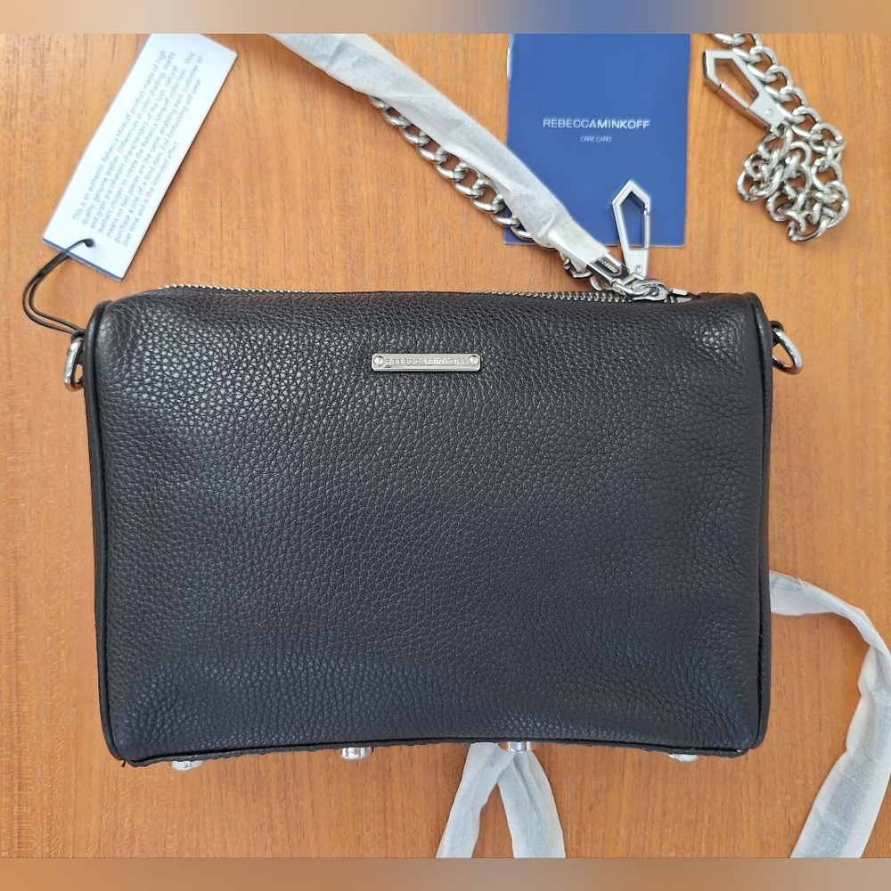 Rebecca Minkoff Mini 5 Zip Leather Crossbody Metal Chain Black Edgy Punk NEW - Picture 6 of 13
